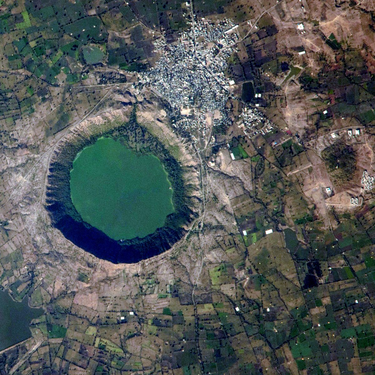Satellite view of the Lonar meteorite impact crater